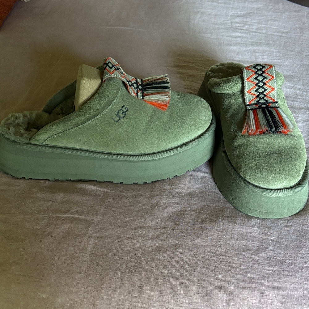 UGG Sage Green Platform Slippers with Patterned Strap